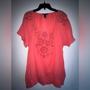 Style & Co. coral colored top, sheer fabric with decorative front,  size Large.